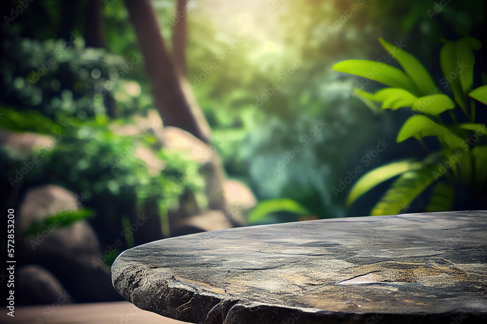 Empty stone table for product advertising display in fresh green jungle blur background . Admirable 