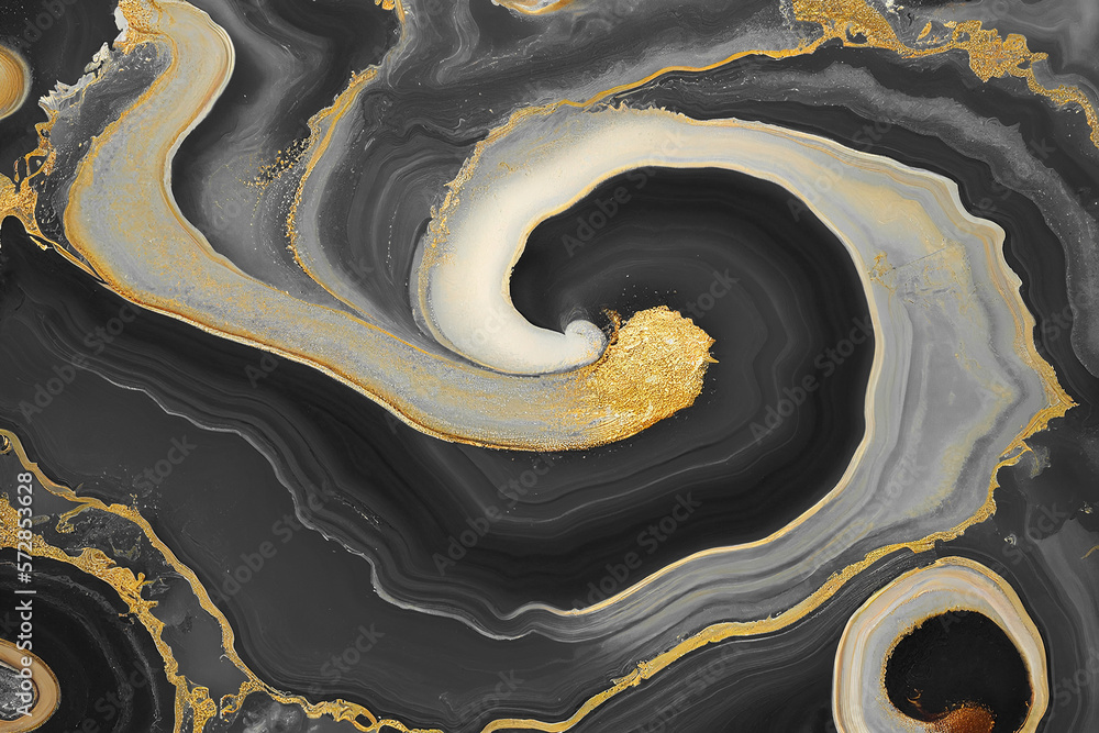 Abstract art background with a fluid marble black and gold texture. Splendid generative AI luxury ab