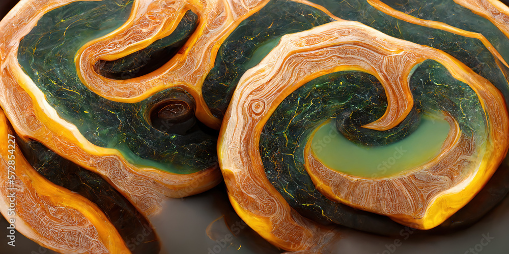 Sedate realistic marco detailed orange and teal alcohol ink ripples pattern in agate design. Closeup