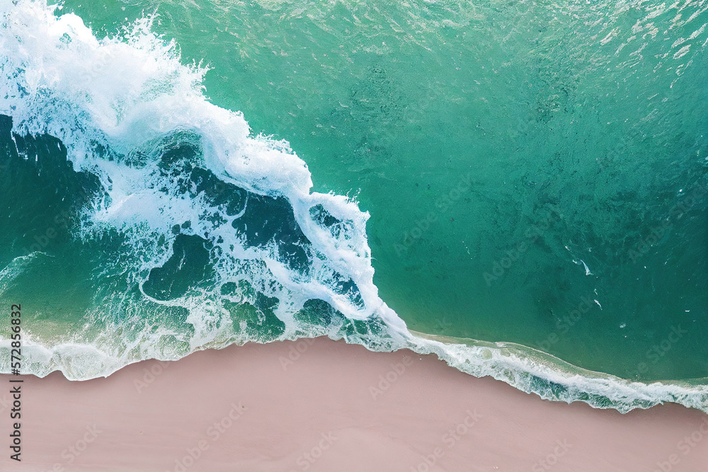 Spectacular top view from drone photo of beautiful pink beach with relaxing sunlight, sea water wave