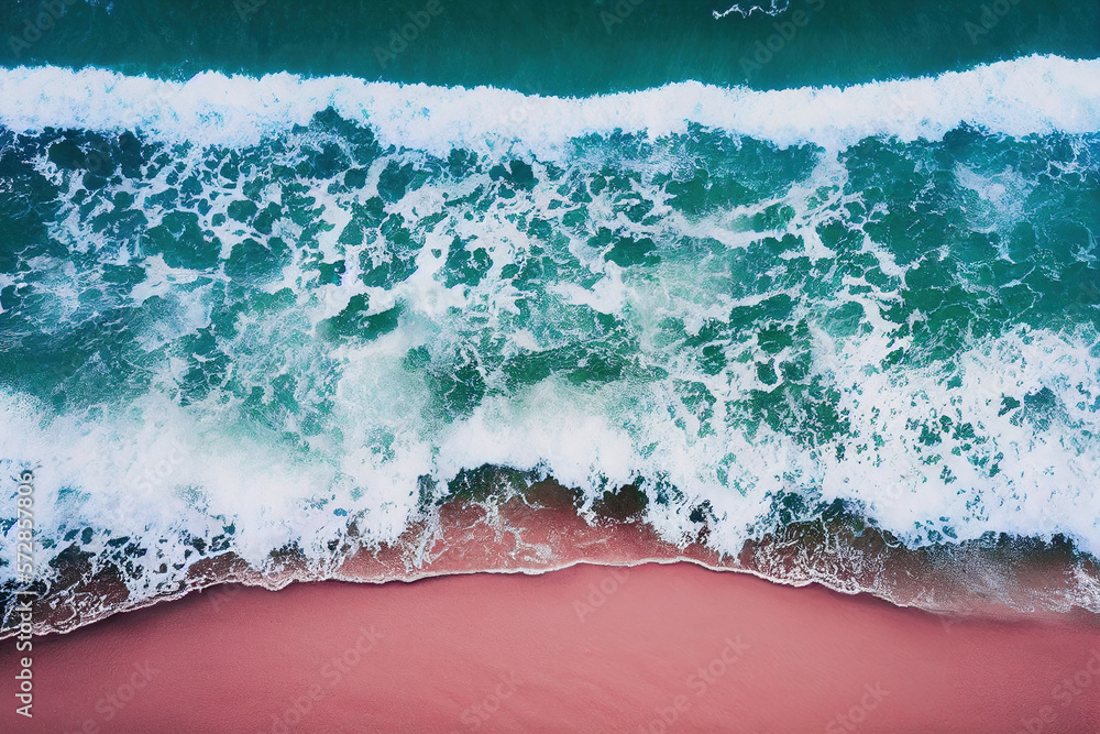 Spectacular top view from drone photo of beautiful pink beach with relaxing sunlight, sea water wave