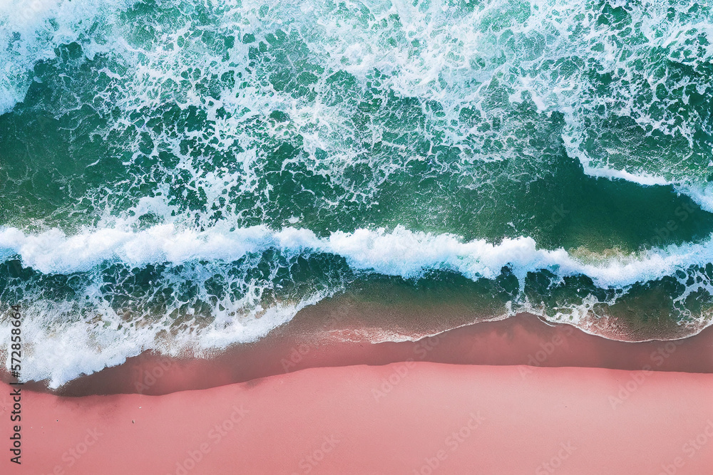 Spectacular top view from drone photo of beautiful pink beach with relaxing sunlight, sea water wave