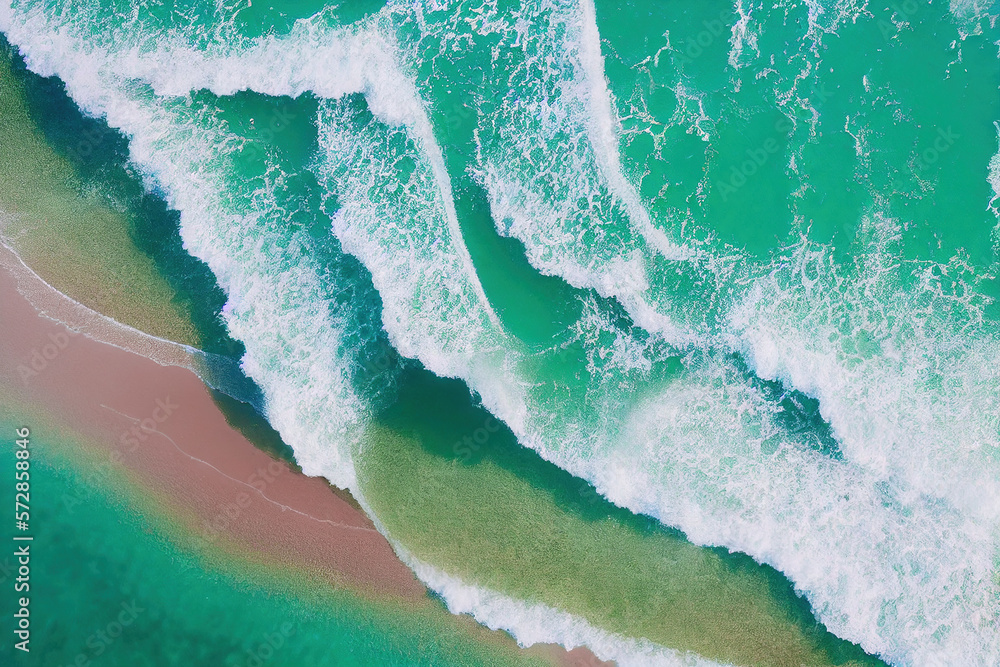 Spectacular top view from drone photo of beautiful pink beach with relaxing sunlight, sea water wave