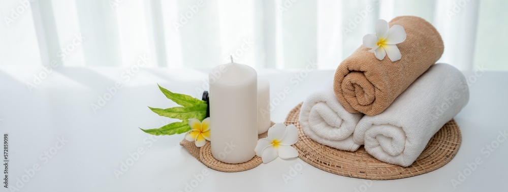 Spa accessory composition set in day spa hotel , beauty wellness center . Spa product are placed in 