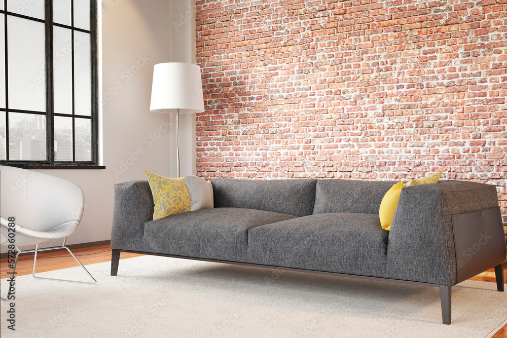 Modern interior of living room with brick wall and grey sofa. 3d render	