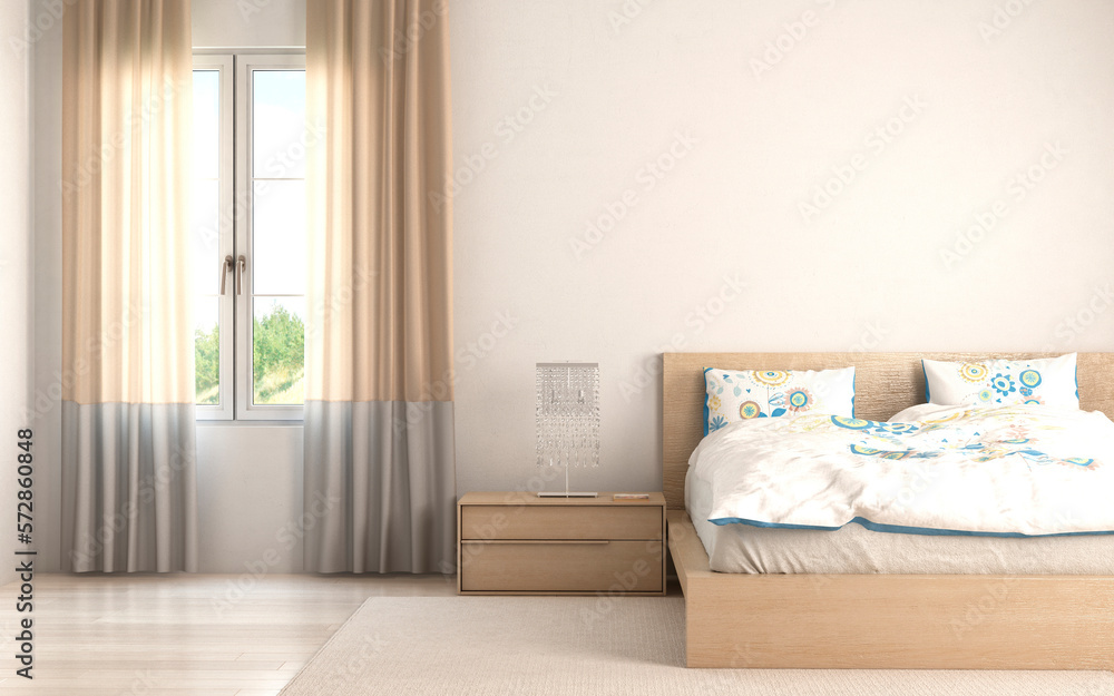 Modern bedroom interior with wooden decor in eco style. 3D Render	