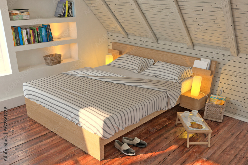 Modern bedroom interior with wooden decor in eco style. 3D Render	