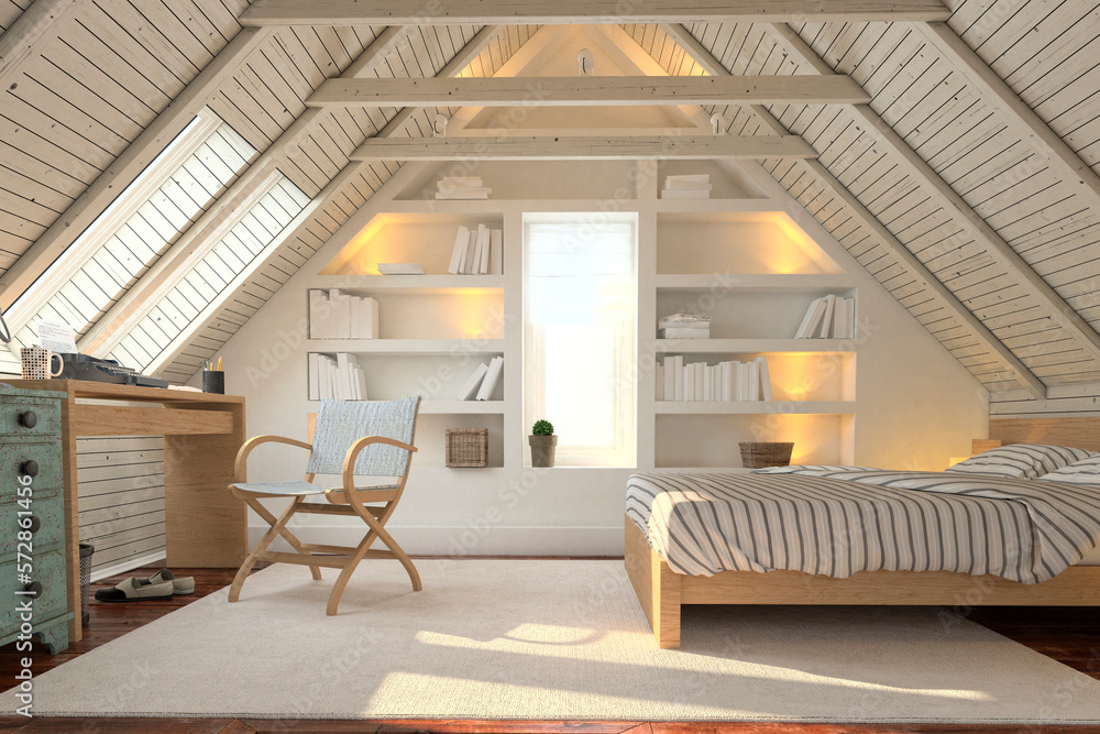 Modern bedroom interior with wooden decor in eco style. 3D Render	