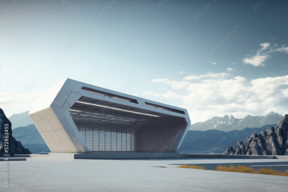 Futuristic architecture of modern hall entrance facade on high mountain top scenery with empty outdo