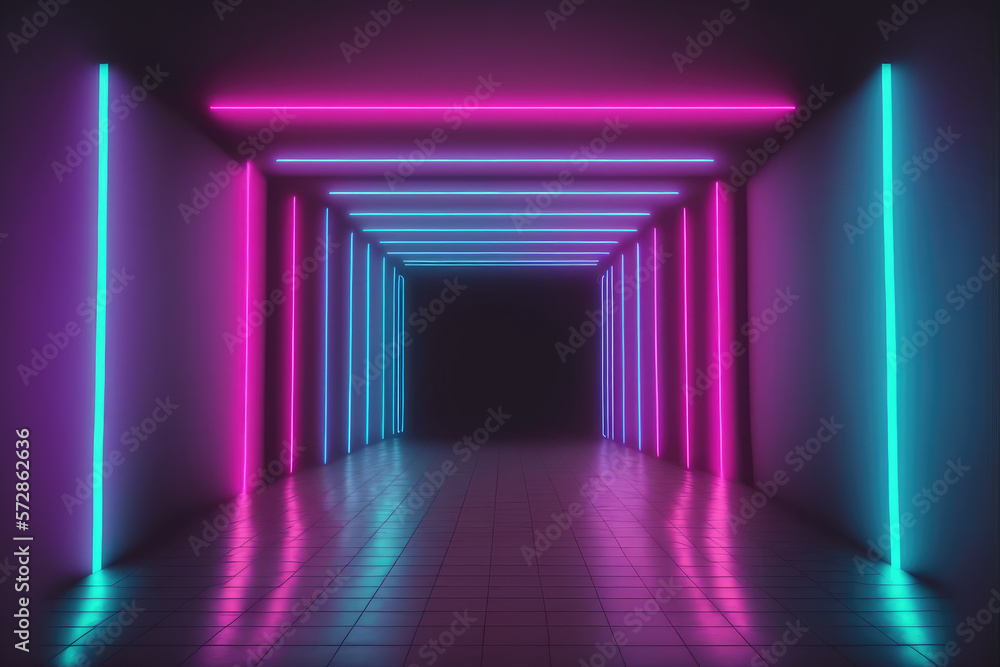 Neon light corridor tunnel with diminishing perspective view . Futuristic walking pathway. Peculiar 