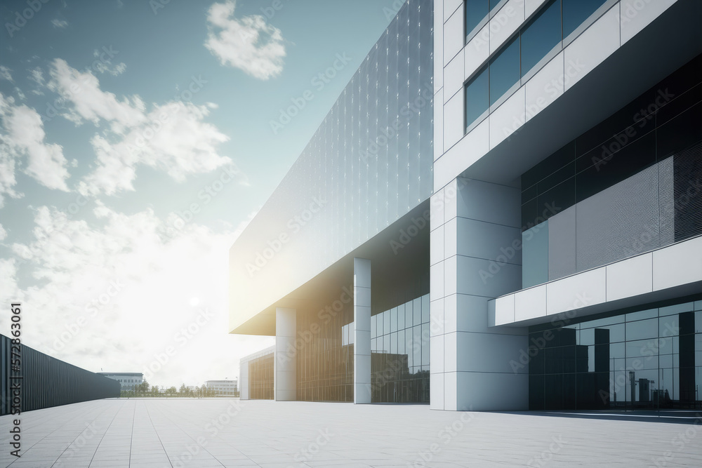 Modern architecture exterior of public hall entrance in urban building outdoor under bright sky with