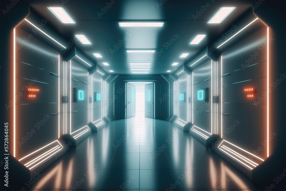 Empty sci-fi futuristic room of spaceship with blue light decoration . Super modern interior design.