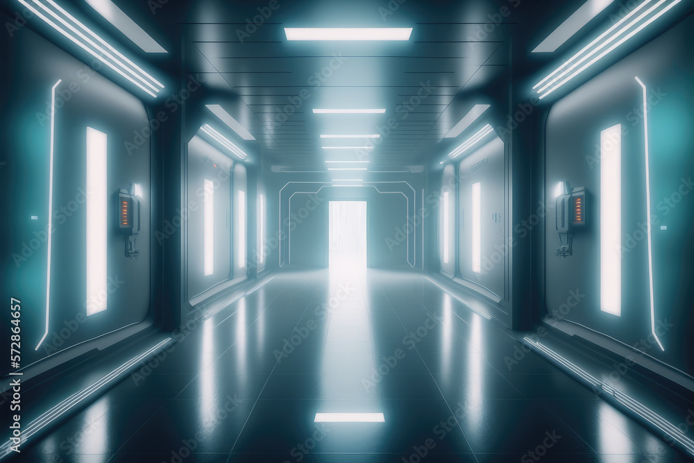 Empty sci-fi futuristic room of spaceship with blue light decoration . Super modern interior design.