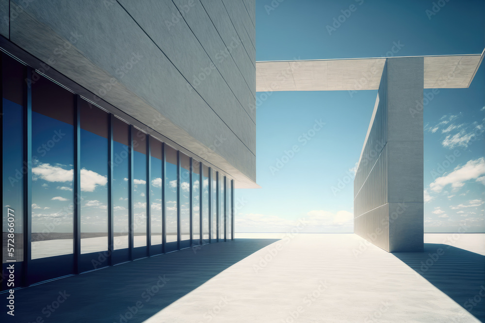 Modern architecture exterior of public hall entrance in urban building outdoor under bright sky with