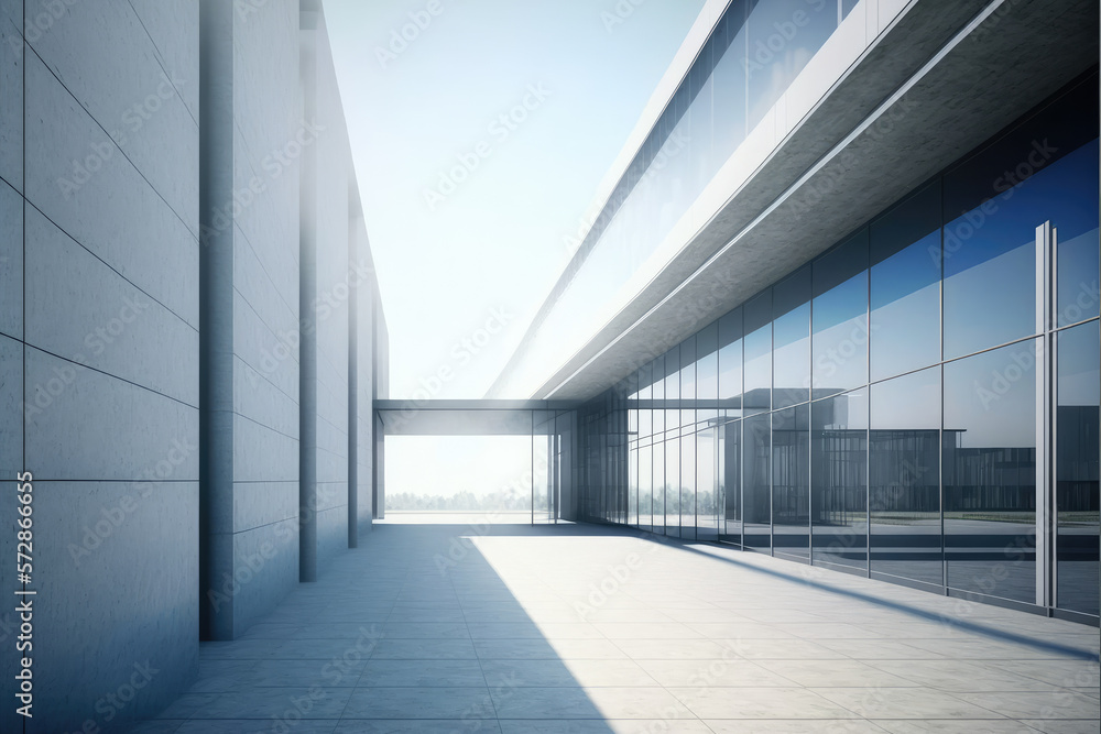 Modern architecture exterior of public hall entrance in urban building outdoor under bright sky with