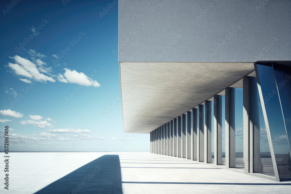 Modern architecture exterior of public hall entrance in urban building outdoor under bright sky with