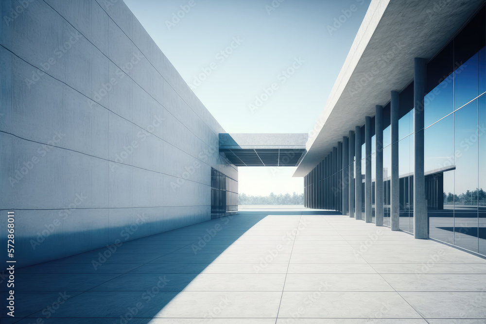 Modern architecture exterior of public hall entrance in urban building outdoor under bright sky with