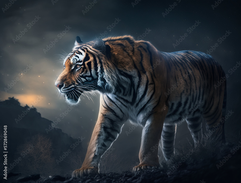 Bengal tiger in the mid-night enjoys nature , black sky, night hunt, Safe Atmosphere, HQ landscape, 