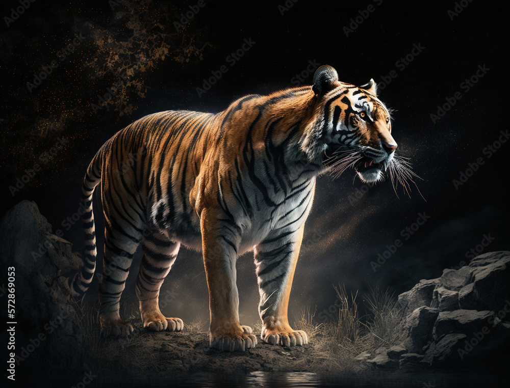 tiger in the wild enjoys nature, black sky, night hunt, Safe Atmosphere, HQ landscape, photorealisti