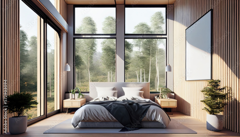 Modern bedroom interior with large windows. Generative AI