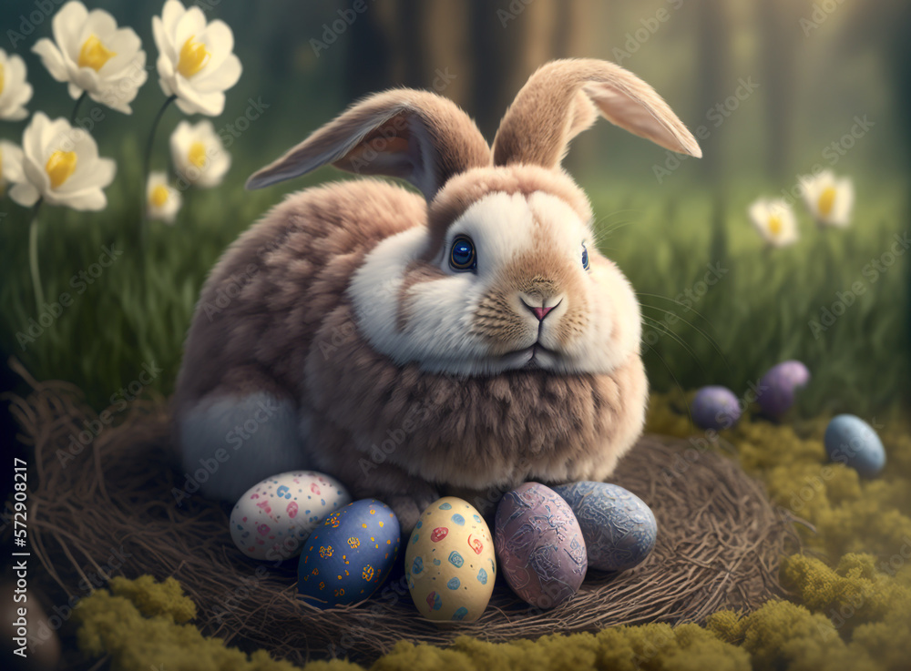 Cute rabbit with Easter eggs. Created with Generative AI technology.