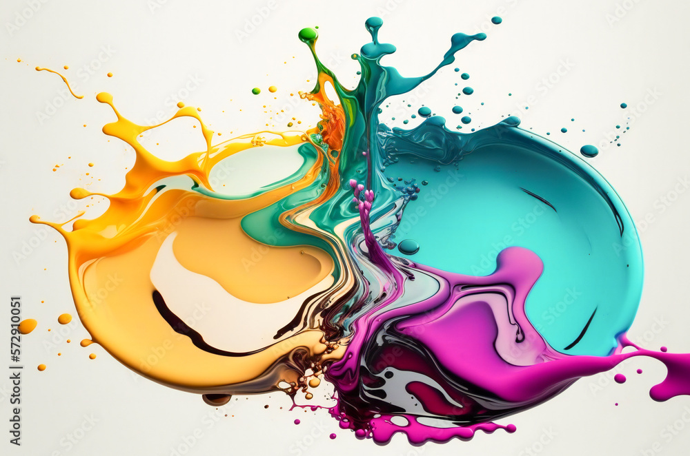 Colorful paint splash against white background. Fictional illustration. Created with Generative AI t