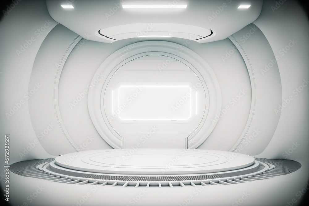 Futuristic stage in a spaceship showroom floor with copy space for product display mock up . White c