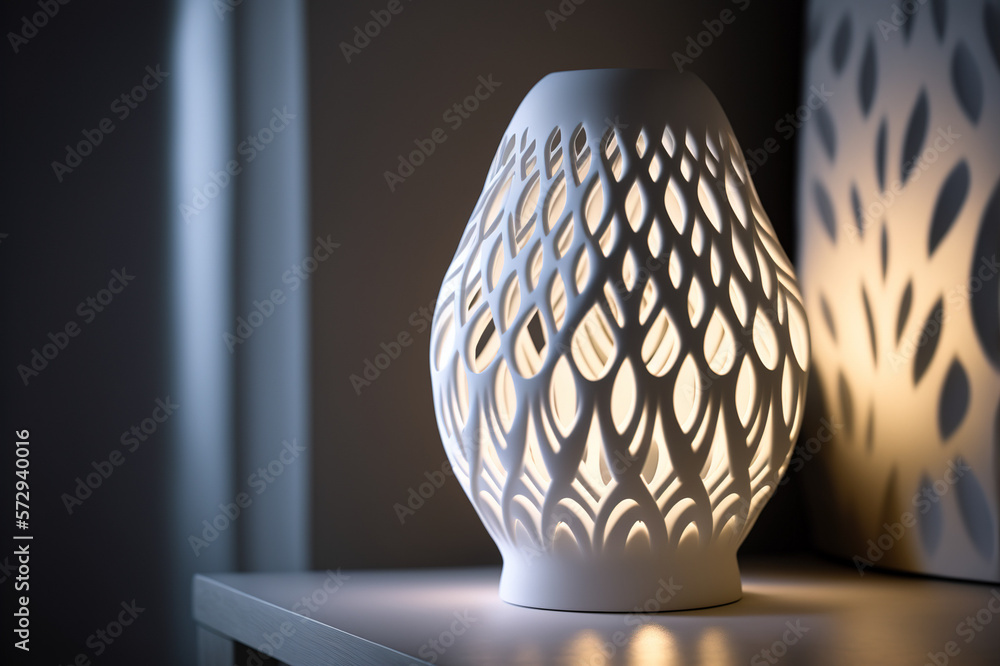 Lamp on bedside table at night prototype by 3D printing technology . Sublime Generative AI image .