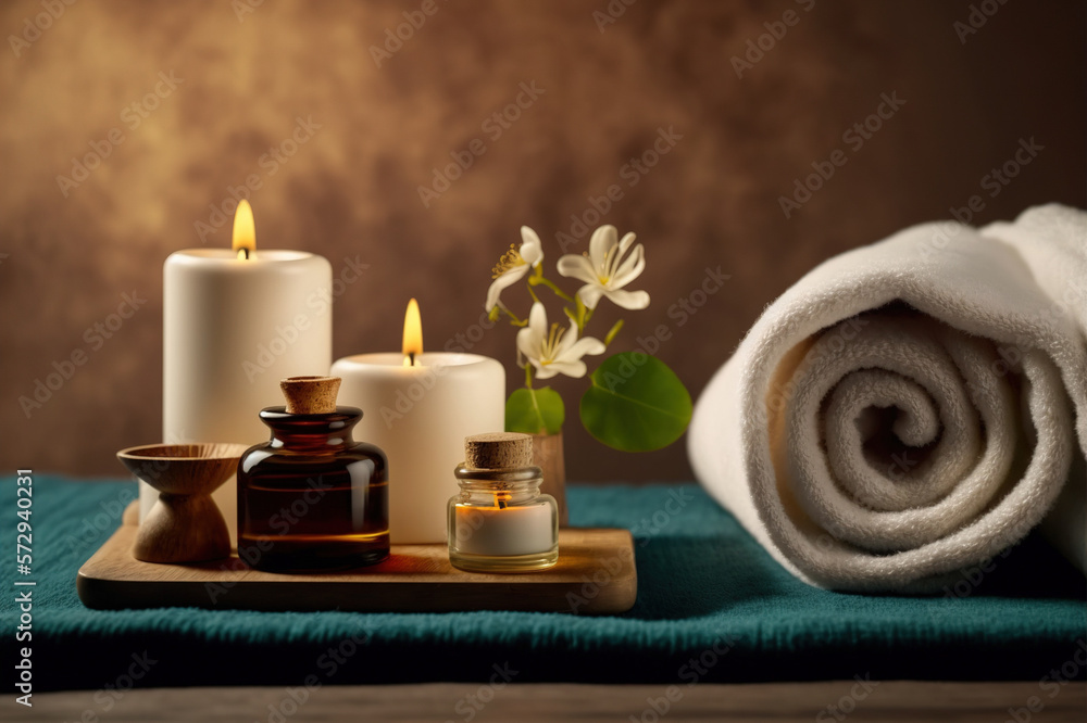 AI Generative image, spa accessory composition set in spa hotel , beauty wellness center . Spa produ