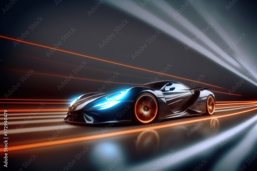 Speeding fast sports car drives on highway road with motion blur effects creating light trailing env