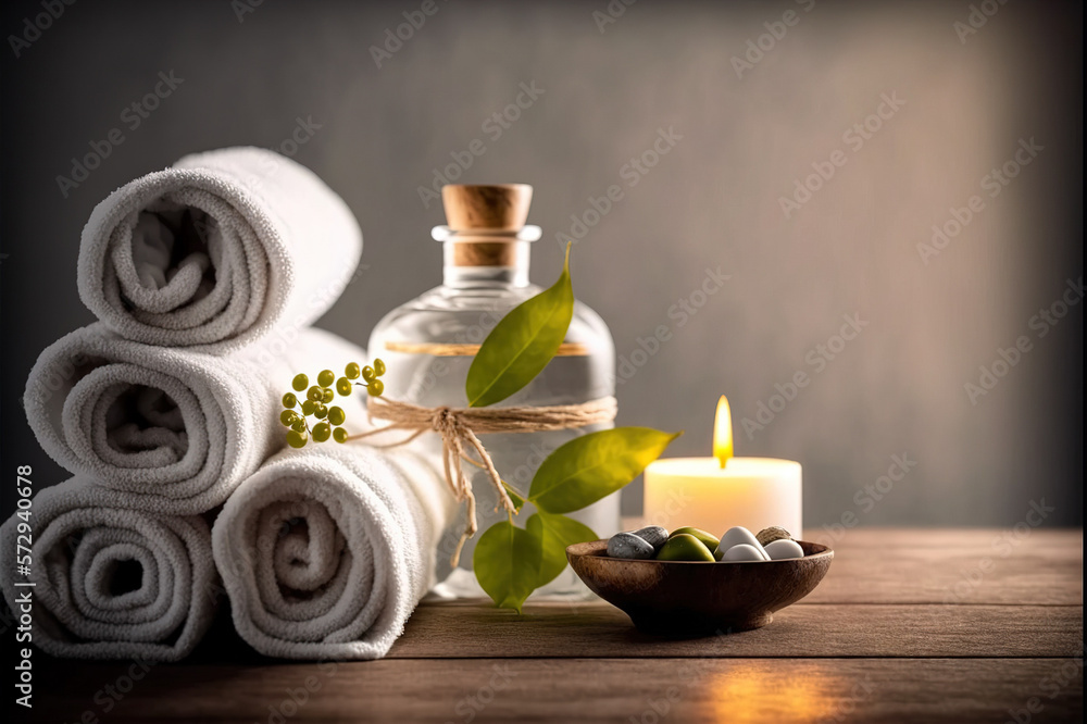 AI Generative image, spa accessory composition set in spa hotel , beauty wellness center . Spa produ