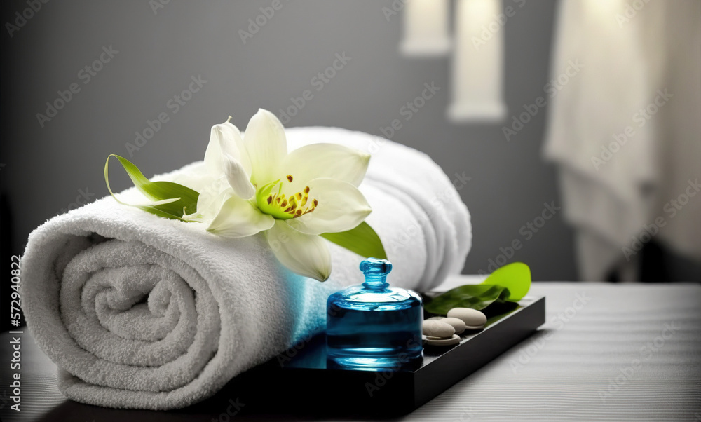 AI Generative image, spa accessory composition set in spa hotel , beauty wellness center . Spa produ