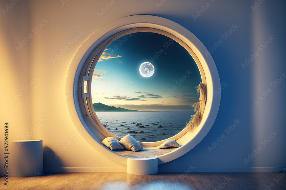 A room with round glass window overlooking beautiful landscape background . Hotel futuristic showroo