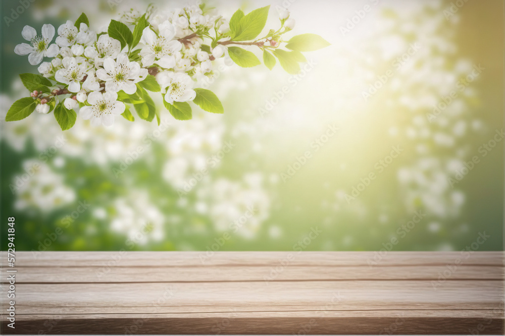 Empty table for product display with flower spring blur background . Sublime Generative AI image .