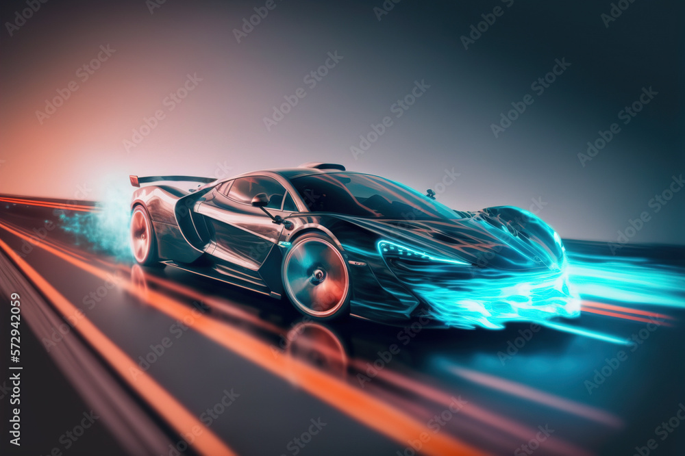 Speeding fast sports car drives on highway road with motion blur effects creating light trailing env