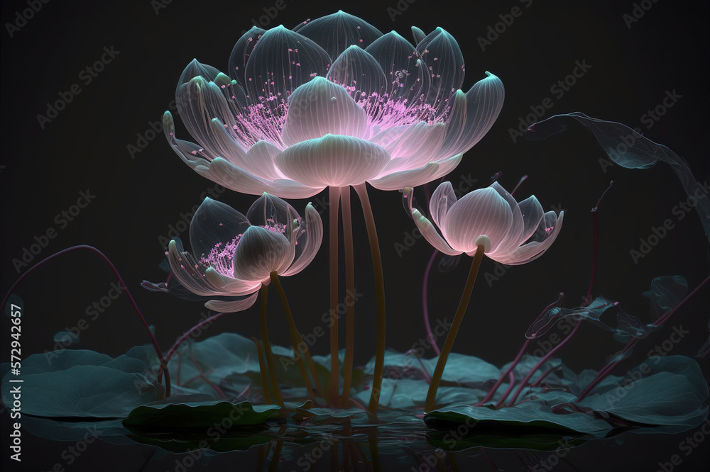 Dreamlike image of light glowing lotus flower or water lily with transparent pink illumination under