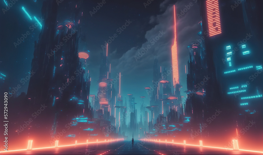 Futuristic city scene with neon light illuminated the dark fictional city street . Sublime Generativ