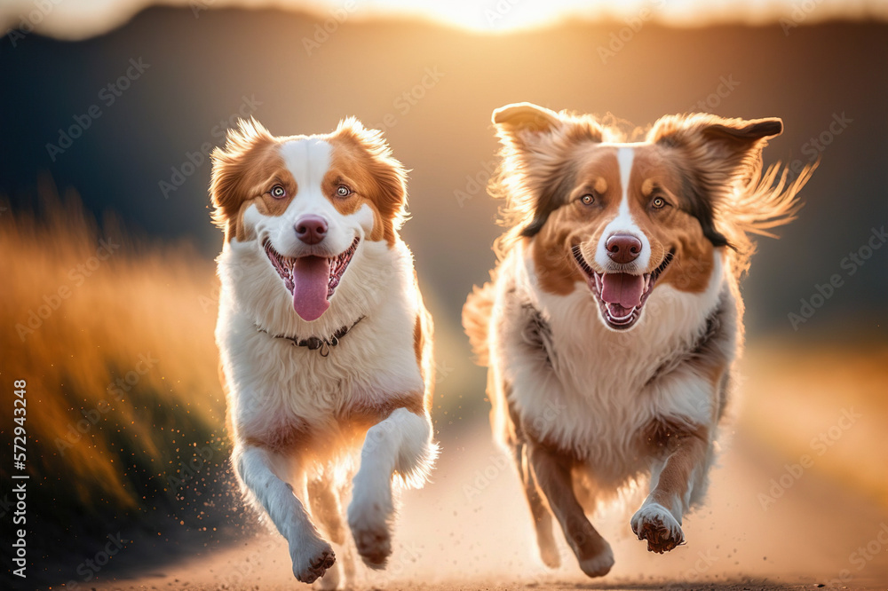 Happy dogs are running towards camera in outdoor activity . Sublime Generative AI image .