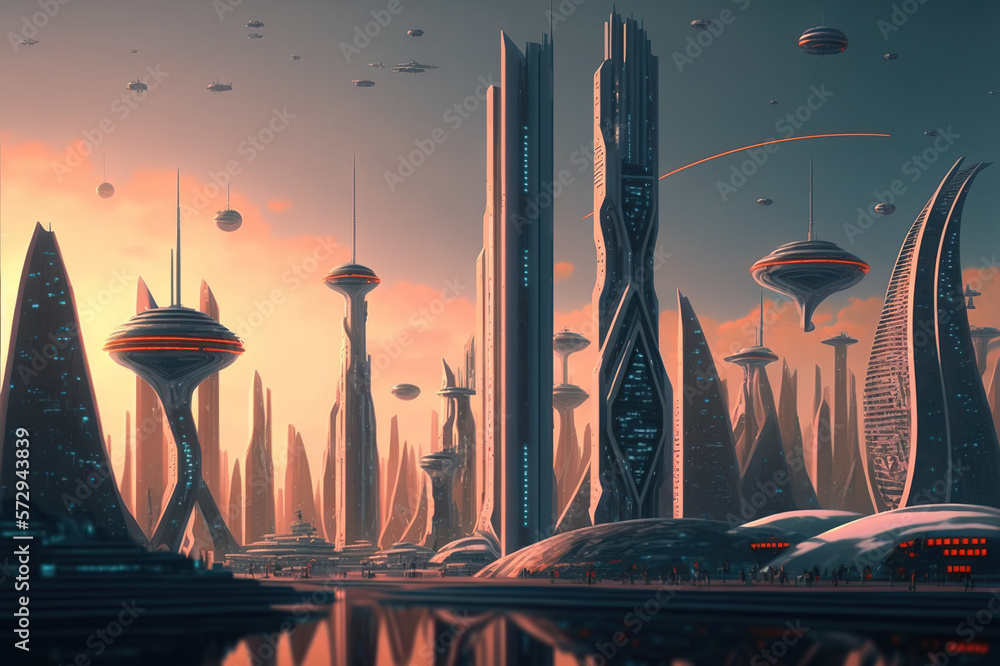 Skyline of futuristic city with fictional architecture in panoramic view . Megalopolis landscape wit