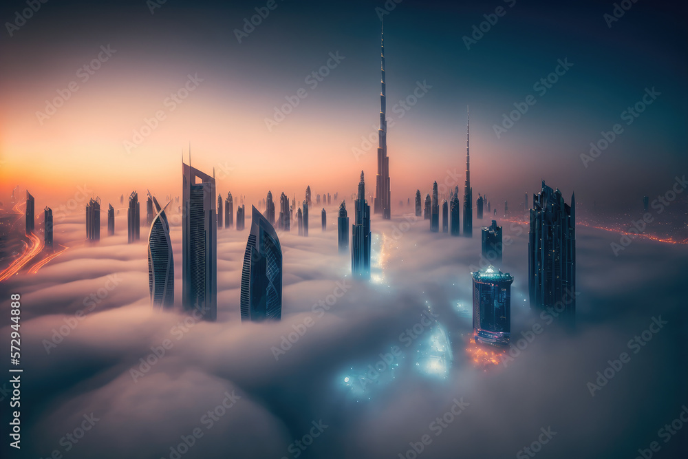 Top of skyscrapers building high above the clouds in the morning sunrise . Futuristic architecture o