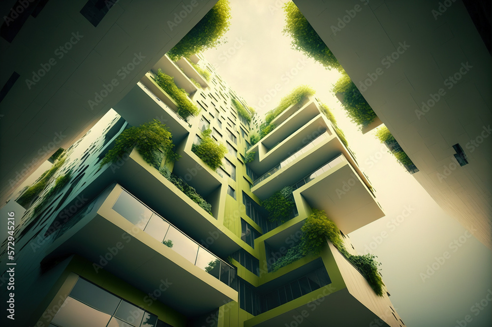 Eco-friendly green building with vertical garden design for sustainability . Sublime Generative AI i