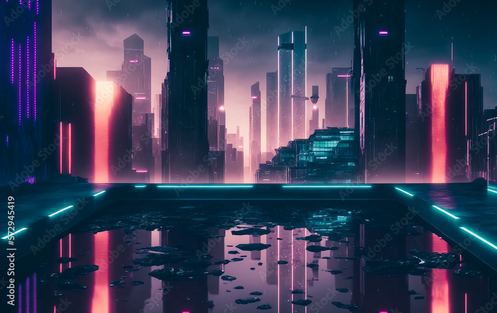 Futuristic city with neon light of pink and blue illuminated city street . Sublime Generative AI ima