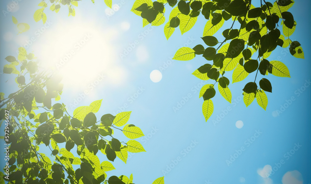 Green leaves under blue sky background in spring and summer garden . Sublime Generative AI image .