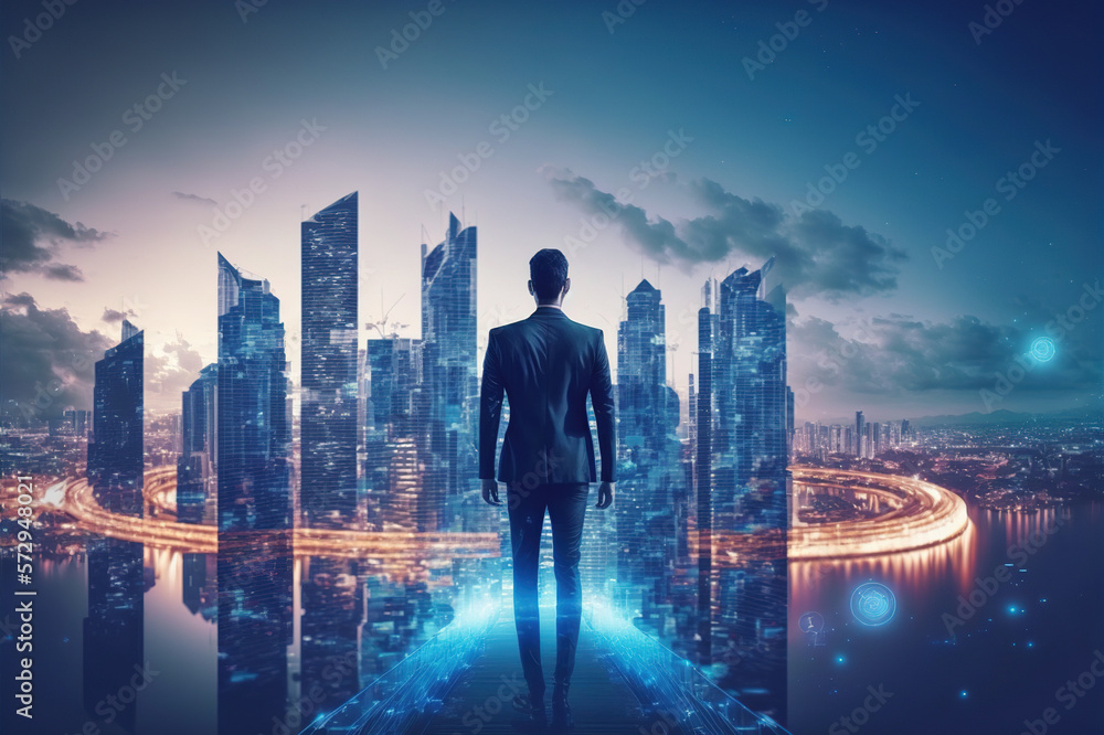 Businessman walking on virtual reality platform to futuristic smart city of opportunity with interne