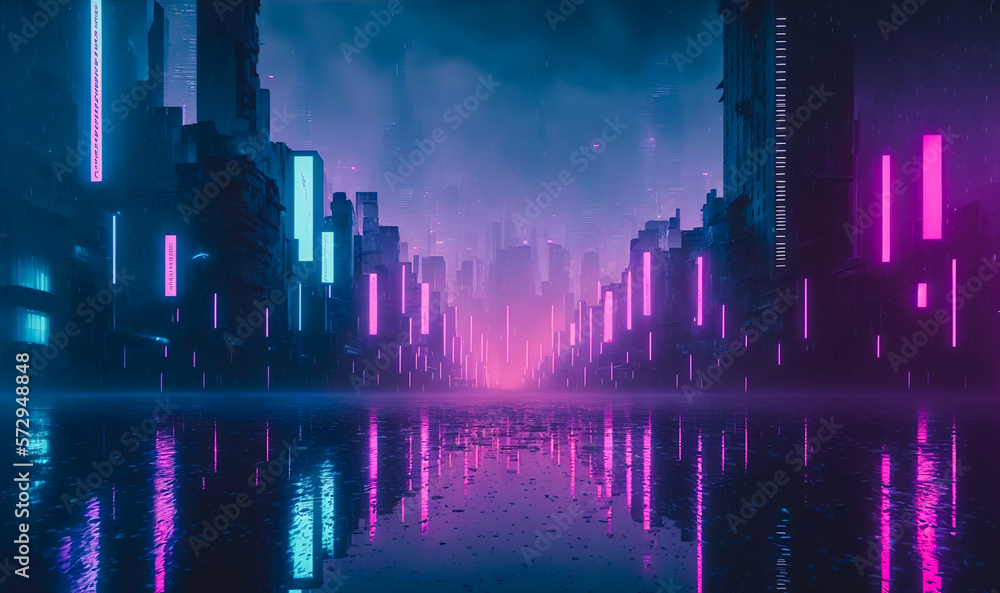 Futuristic city with neon light of pink and blue illuminated city street . Sublime Generative AI ima