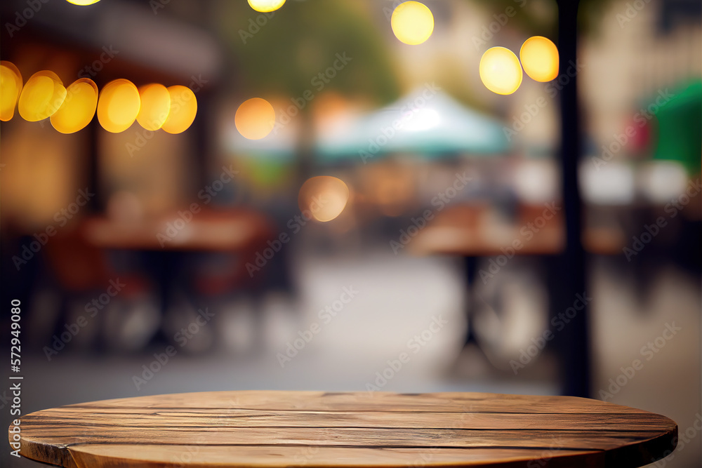 Empty wood table for product display in blur background of admirable restaurant at night