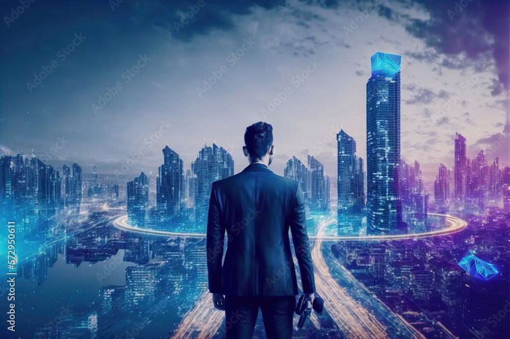 Businessman walking on virtual reality platform to futuristic smart city of opportunity with interne