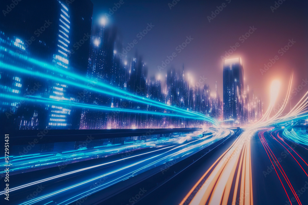 Smart digital city with high speed light trail of cars of digital data transfer . Sublime Generative