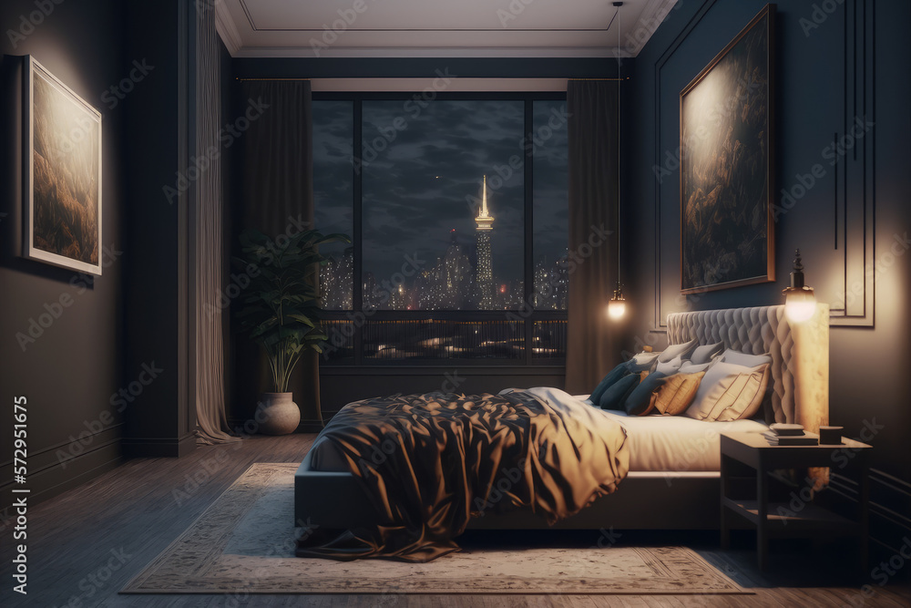 Interior of luxury penthouse bedroom at night. Peculiar AI generative image.