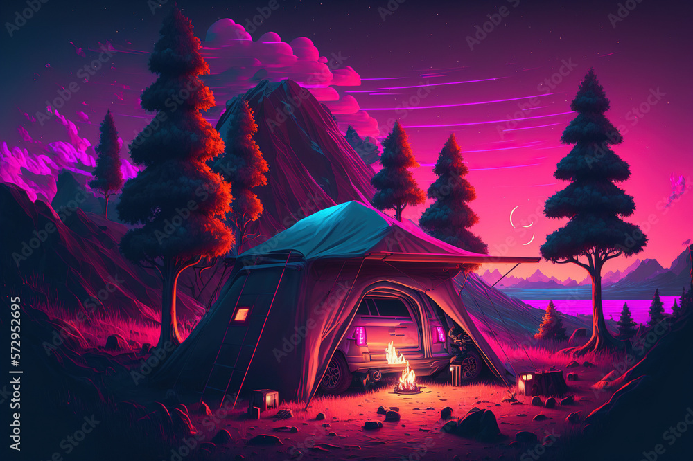 Camping tent illustrated in neon light vaporwave design . Sublime Generative AI image .